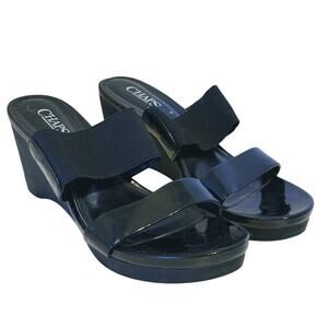 Chaps Womens Chunky Wedge Slide Sandals 8.5 Black Retro Resort Event Classic